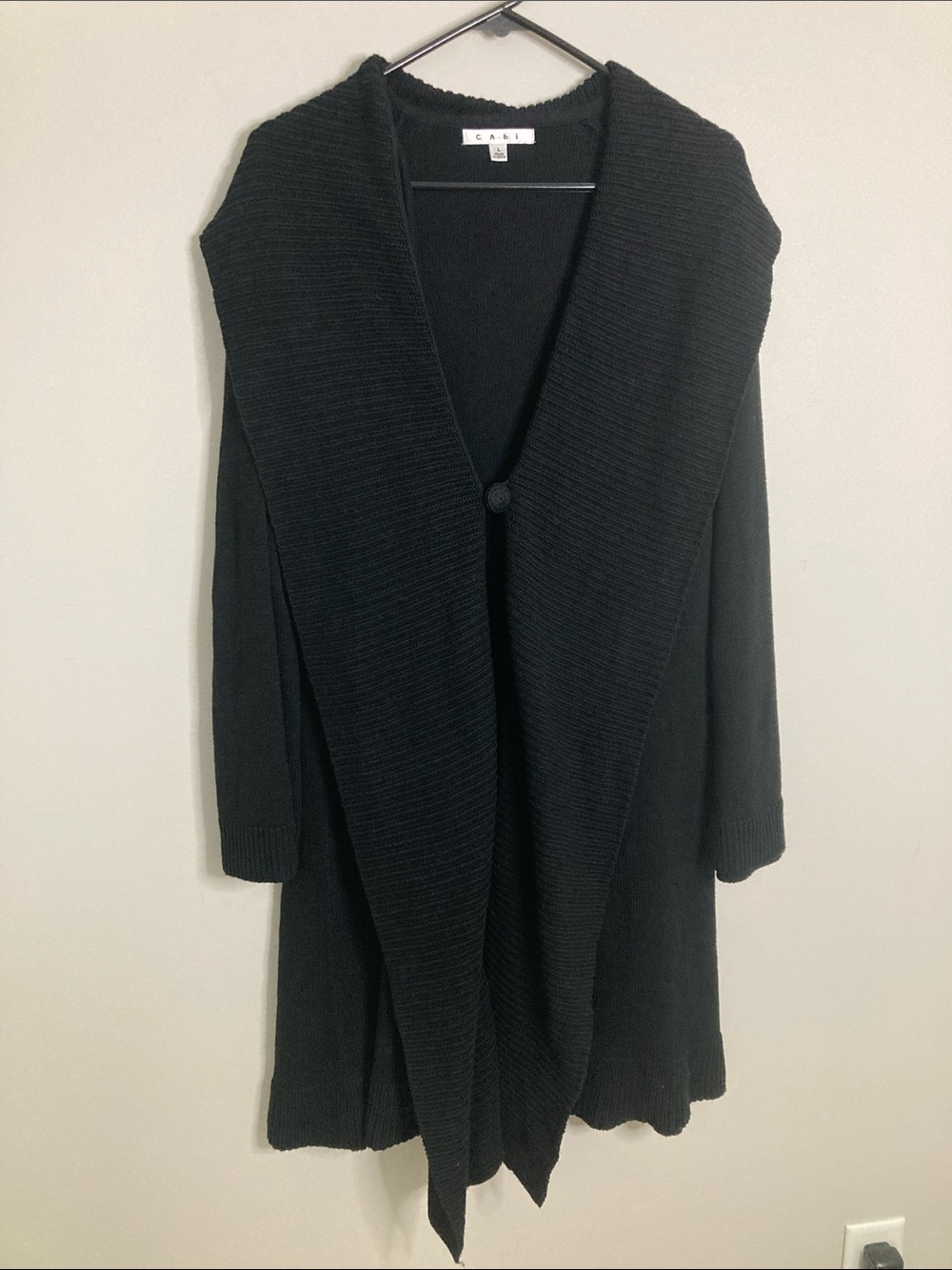CAbi Black Open-Front Draped Shawl-Collar Cardigan